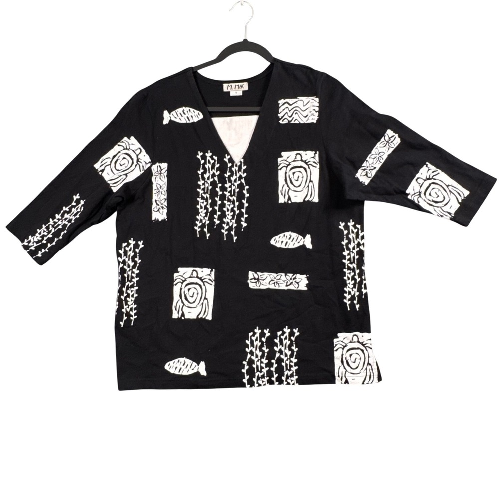 Womens 90s‎ Coastal Grandma Art Tee Black White Sea Turtle Fish Top S
